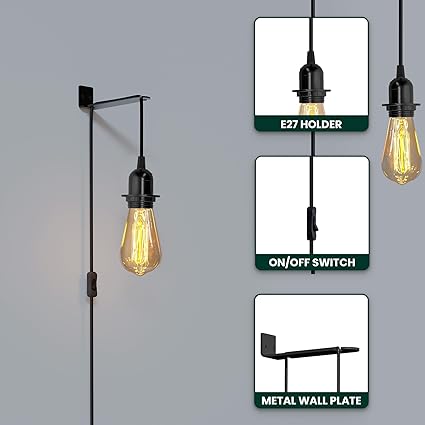 Vintage E27 Hanging Plug-in Wall Light with Adjustable Cable and Bracket
