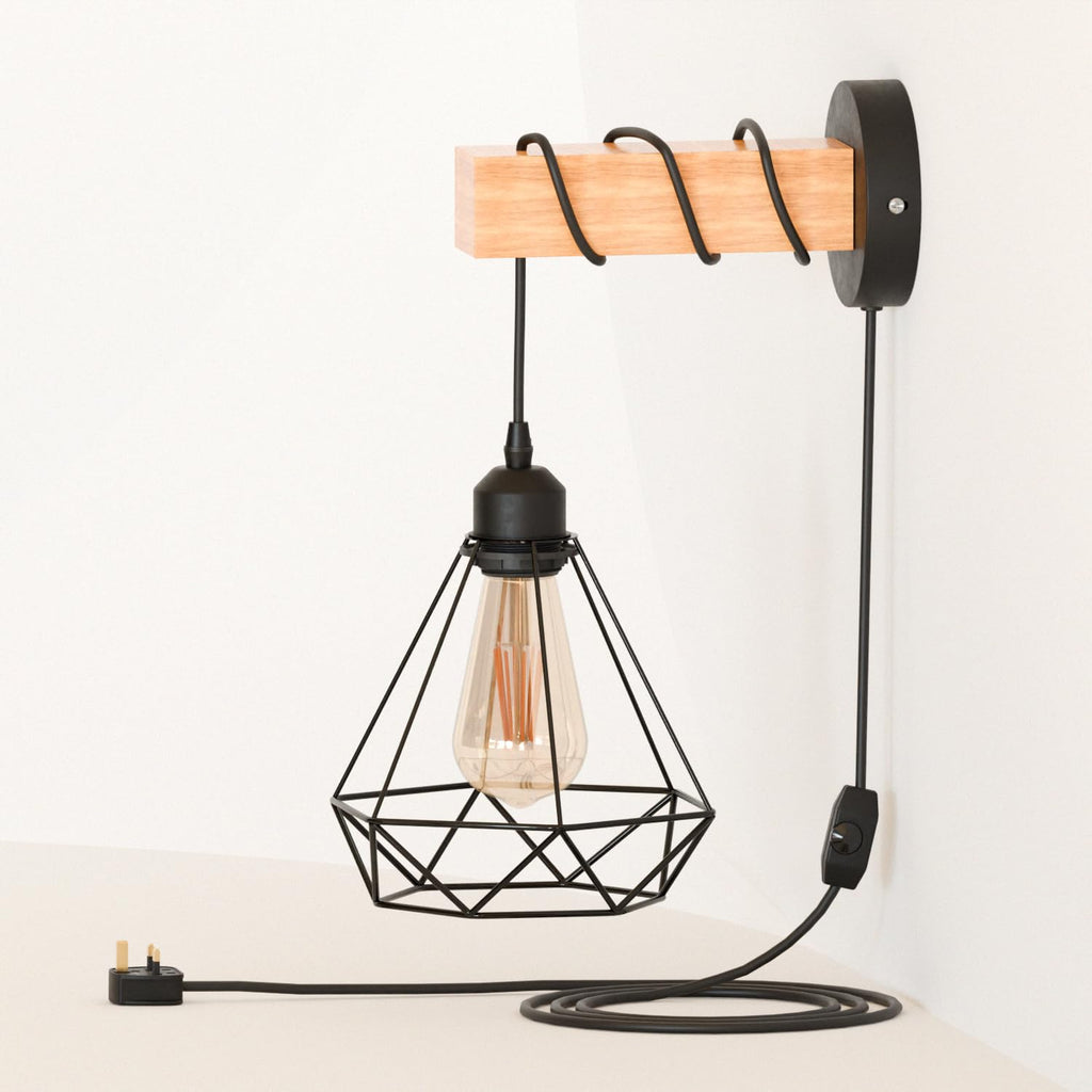 Rustic Industrial Dimmable Wood Metal Wall Sconce Light Fixture with Plug-in Cord