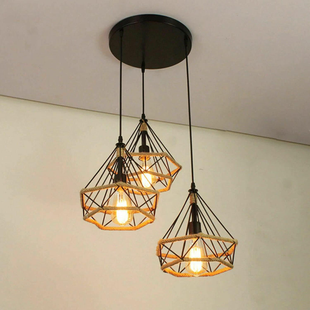 Vintage Industrial Black Metal Hemp Rope 3-Head Pendant Light Fixture