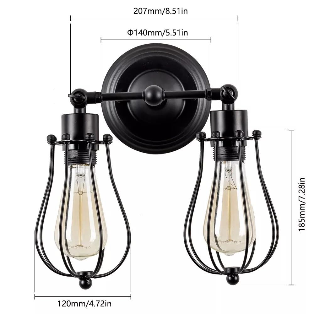 Vintage Industrial Double Wall Sconce Black Metal Cage Light Fixture E27