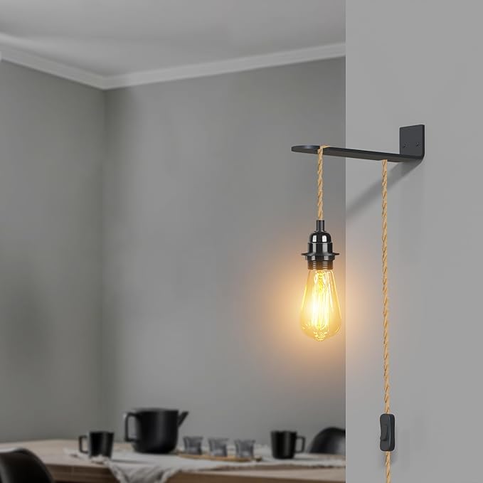 Vintage E27 Plug-in Hanging Pendant Light Fixture with Wall Mount Bracket