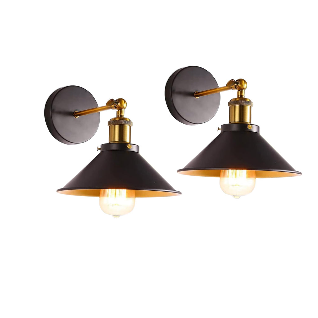 2-Pack Industrial Metal Wall Lights - Vintage Cone Adjustable Sconces