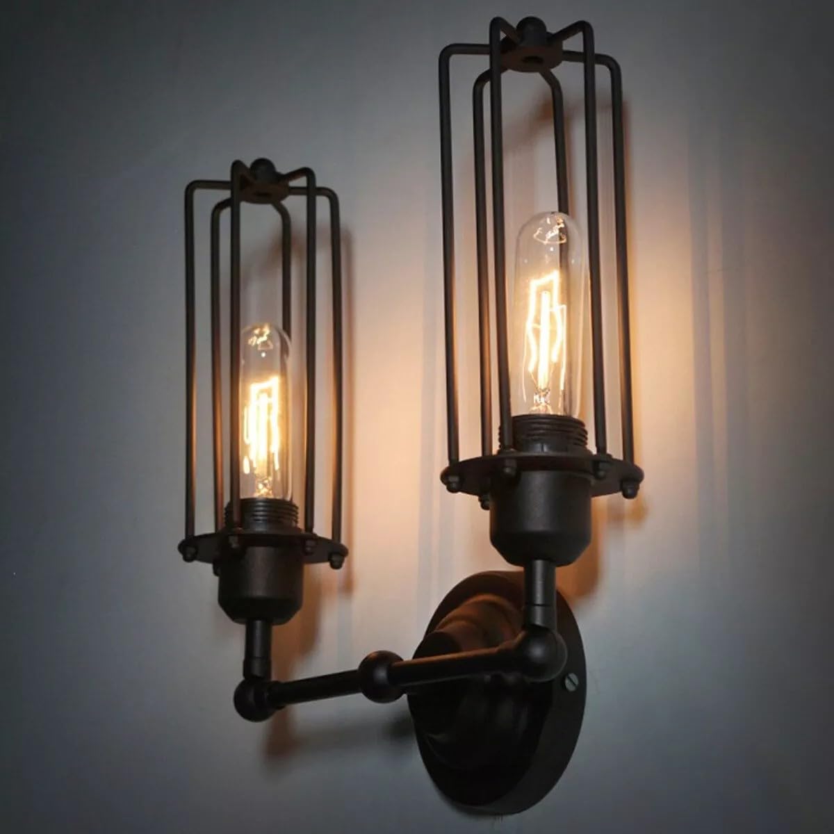 Vintage Industrial Double Wall Sconce Black Metal Cage Light Fixture E27
