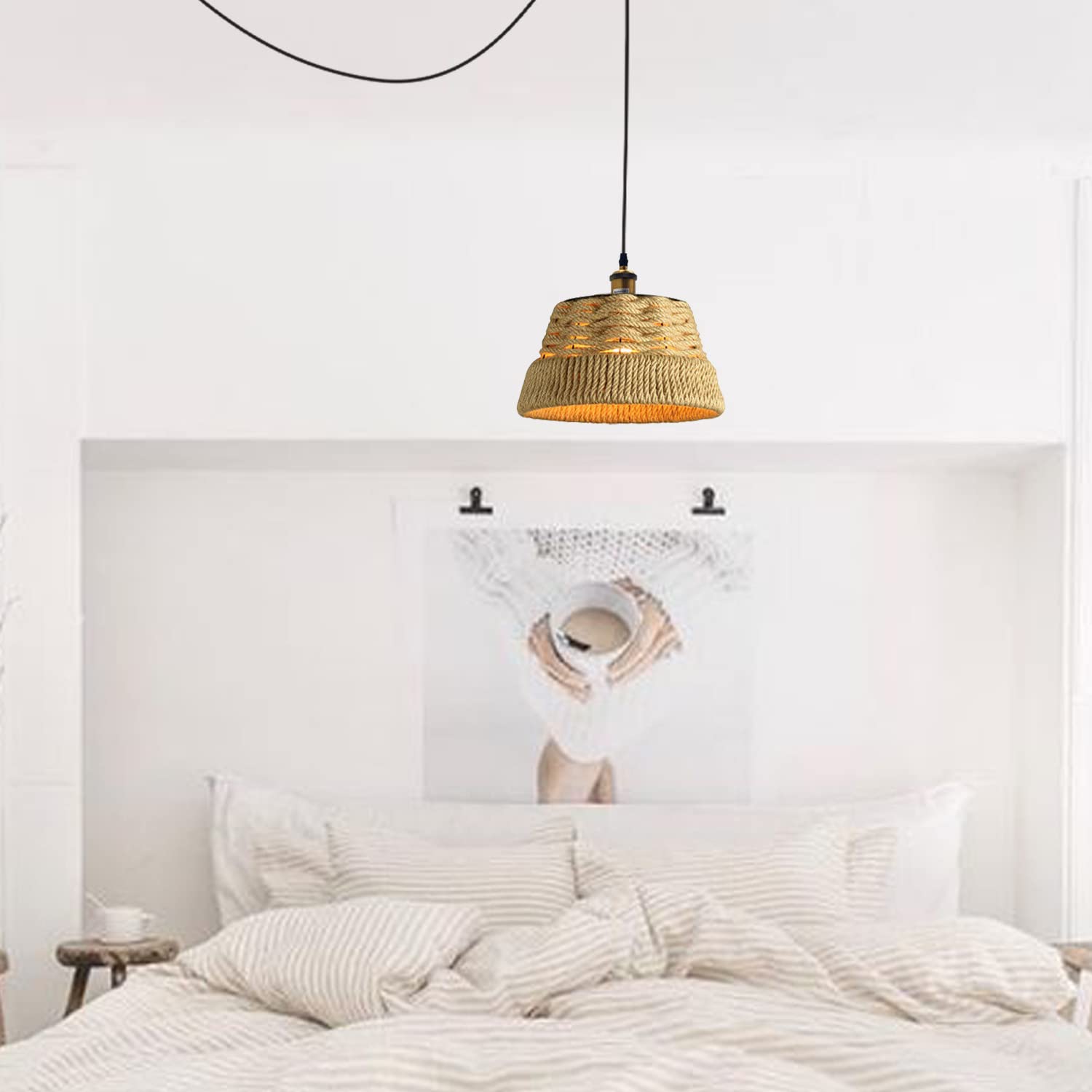 Hand-Woven Bamboo Rattan Plug-in Pendant Light with Adjustable Dimmer