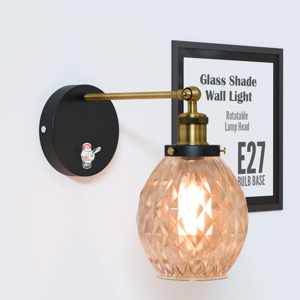 Vintage Industrial Brass Glass Wall Sconce with Adjustable Arm and E27 Switch