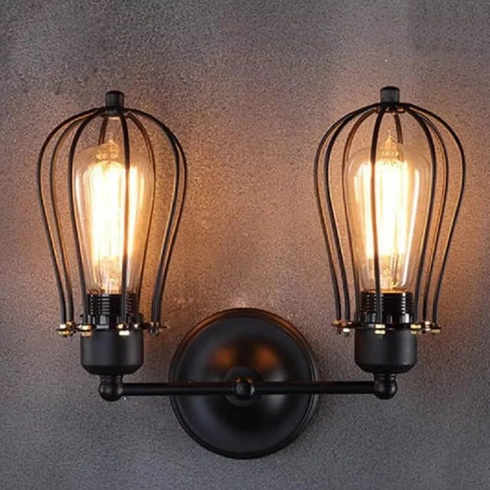 Vintage Industrial Double Wall Sconce Black Metal Cage Light Fixture E27