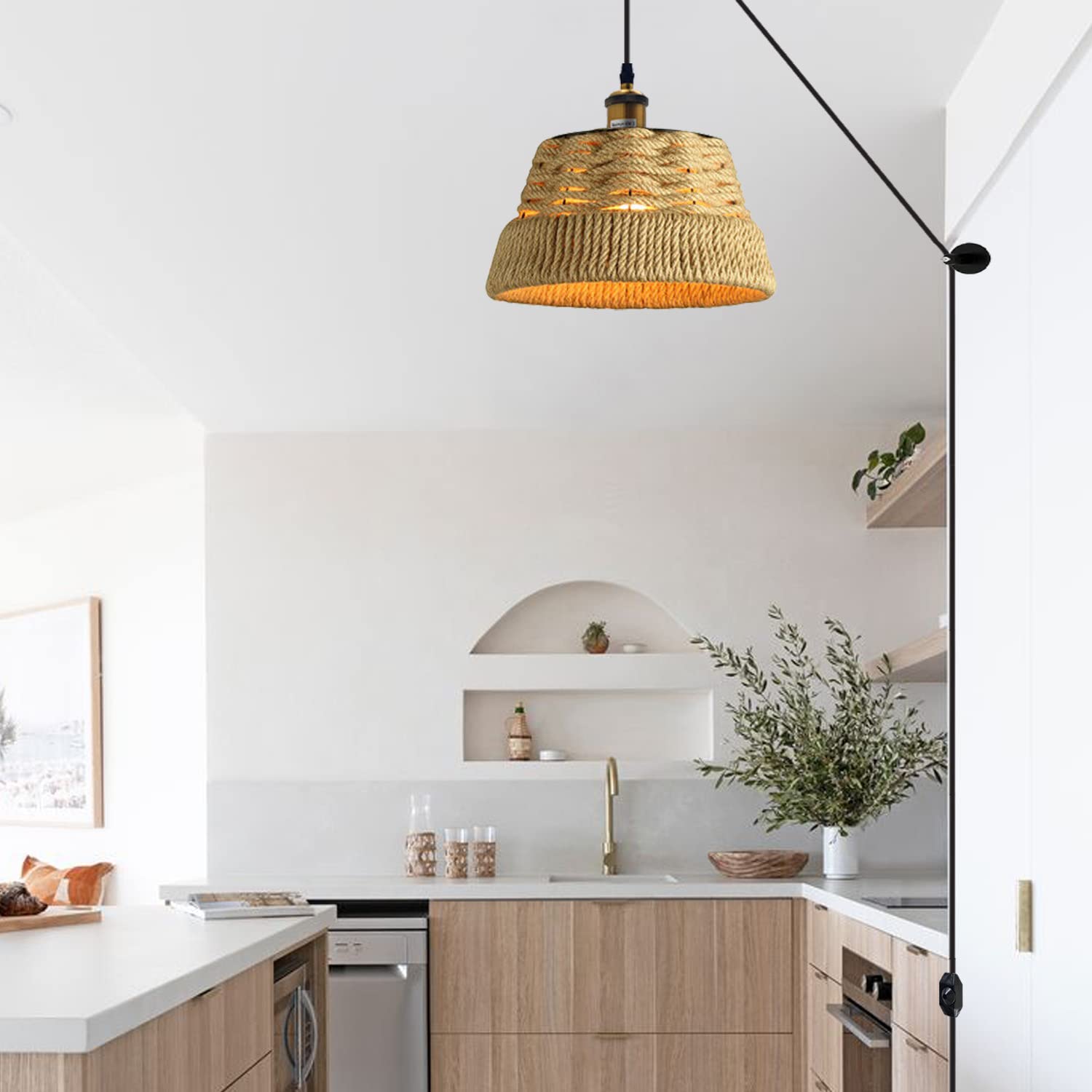 Hand-Woven Bamboo Rattan Plug-in Pendant Light with Adjustable Dimmer