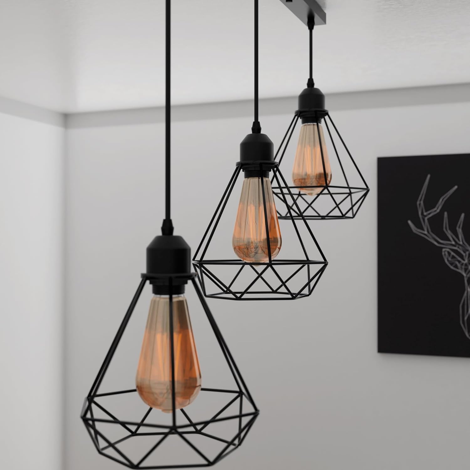 Industrial Black 3-Light Diamond Cage Ceiling Pendant Fixture for Modern Homes