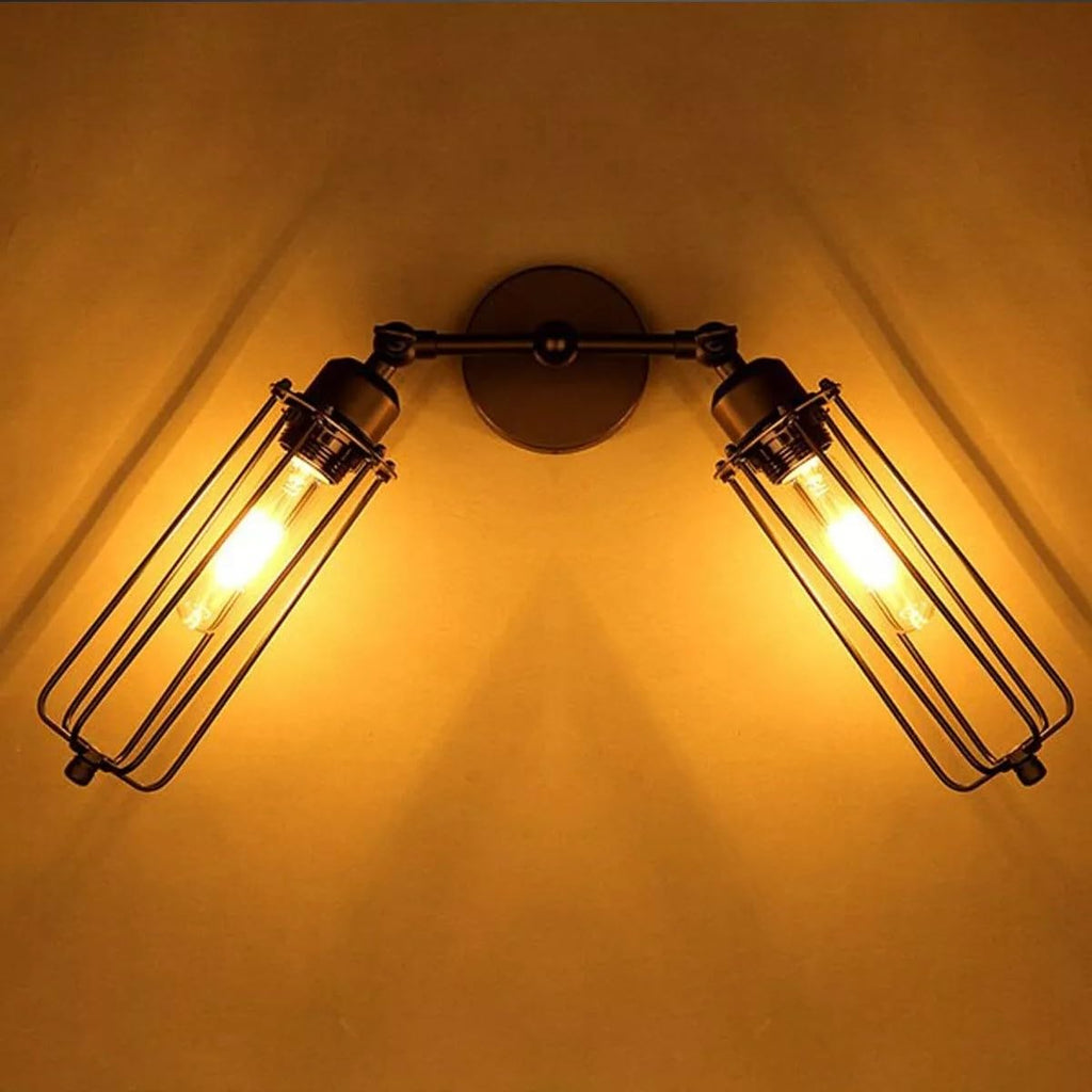 Vintage Industrial Double Wall Sconce Black Metal Cage Light Fixture E27