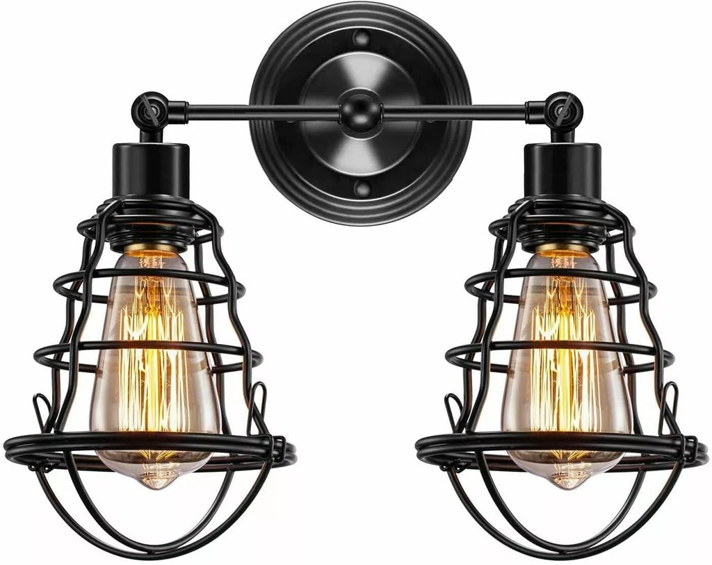 Vintage Industrial Double Wall Sconce Black Metal Cage Light Fixture E27
