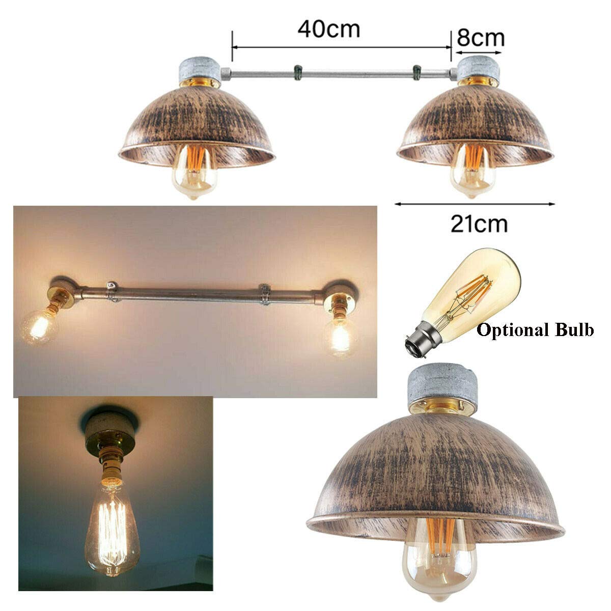 Industrial Retro Pipe Ceiling Light Fixture, Vintage B22 Bayonet Socket