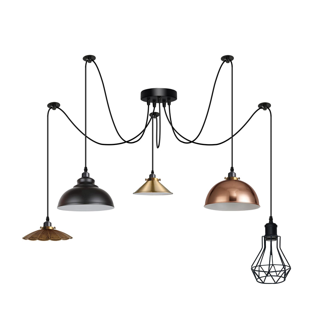 Playful Vintage Industrial 5-Light Spider Pendant with Unique Shades