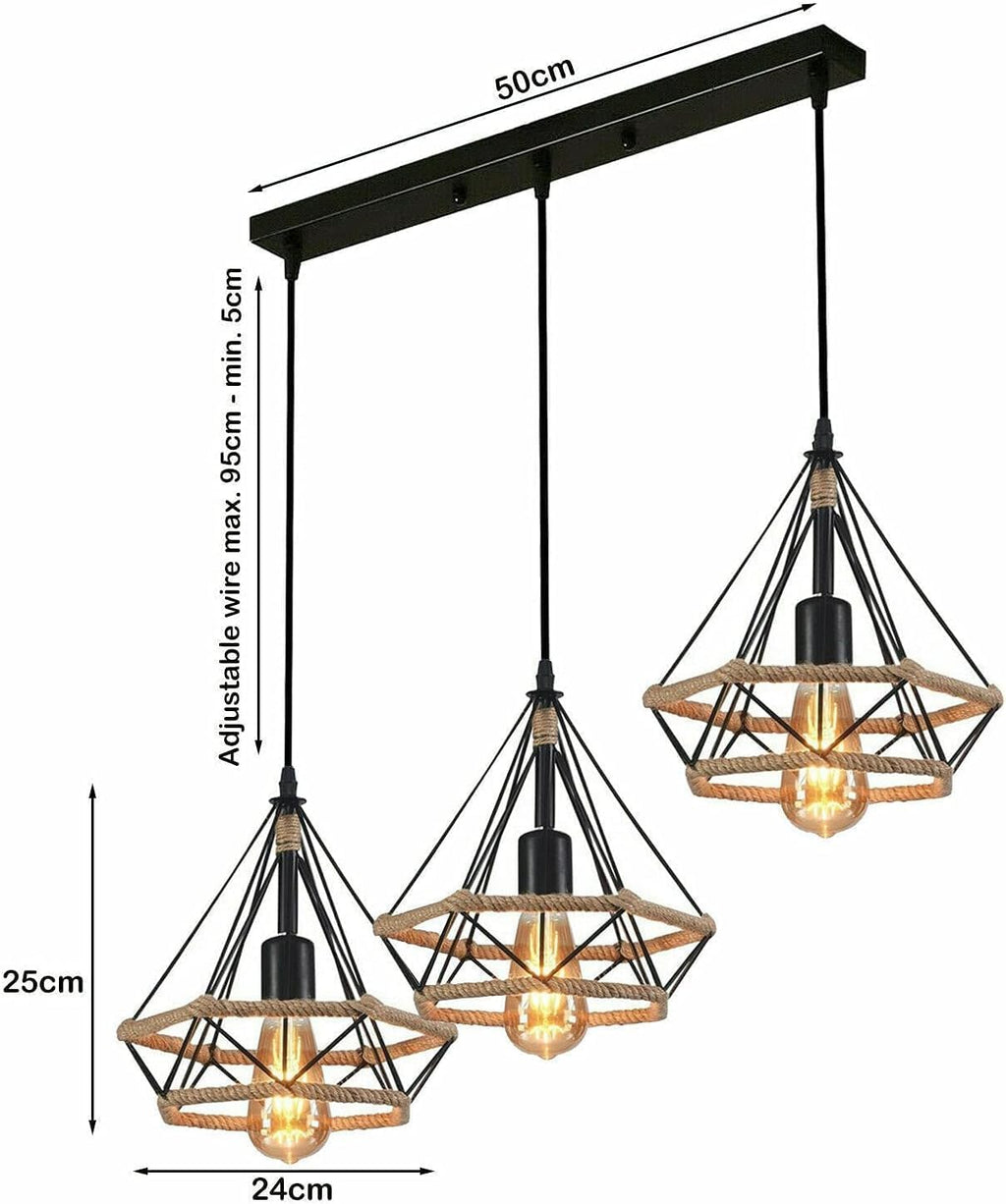 Vintage Industrial Black Metal Hemp Rope 3-Head Pendant Light Fixture