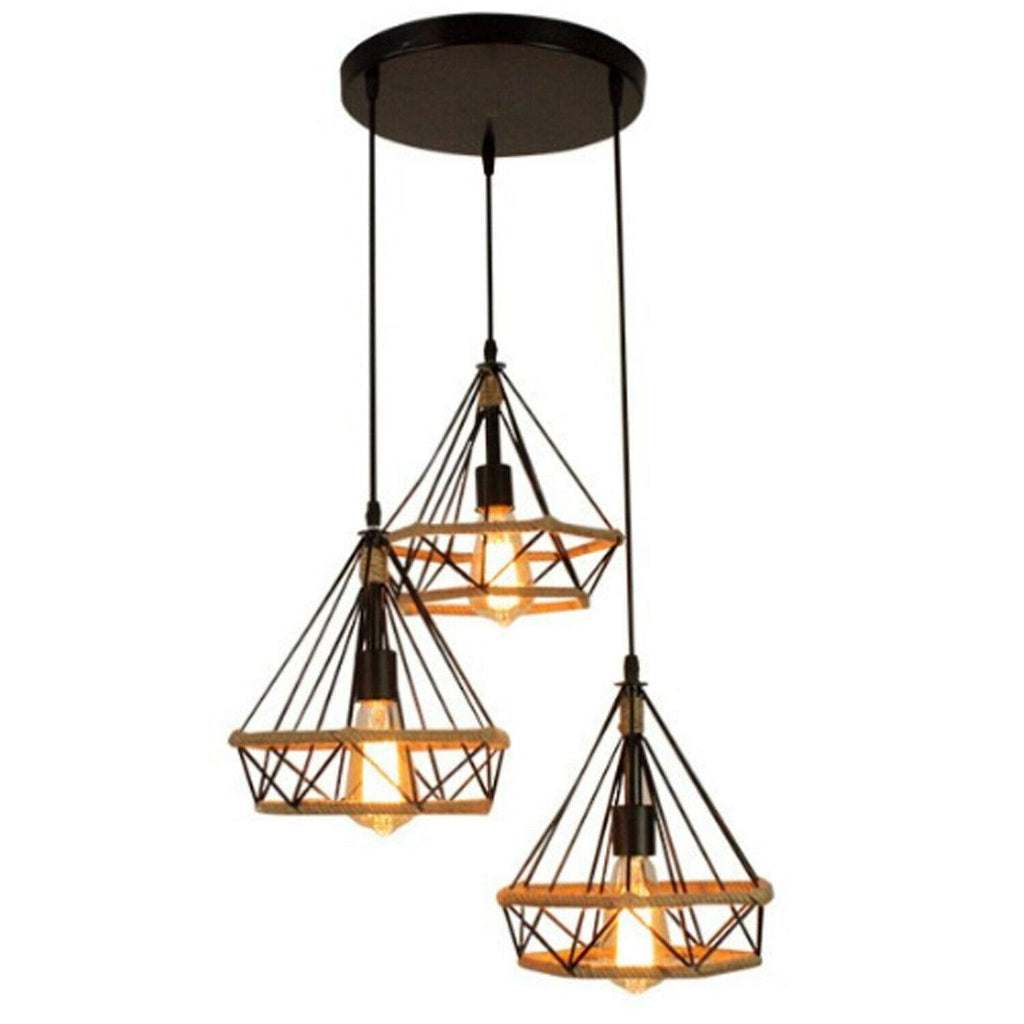 Vintage Industrial Black Metal Hemp Rope 3-Head Pendant Light Fixture