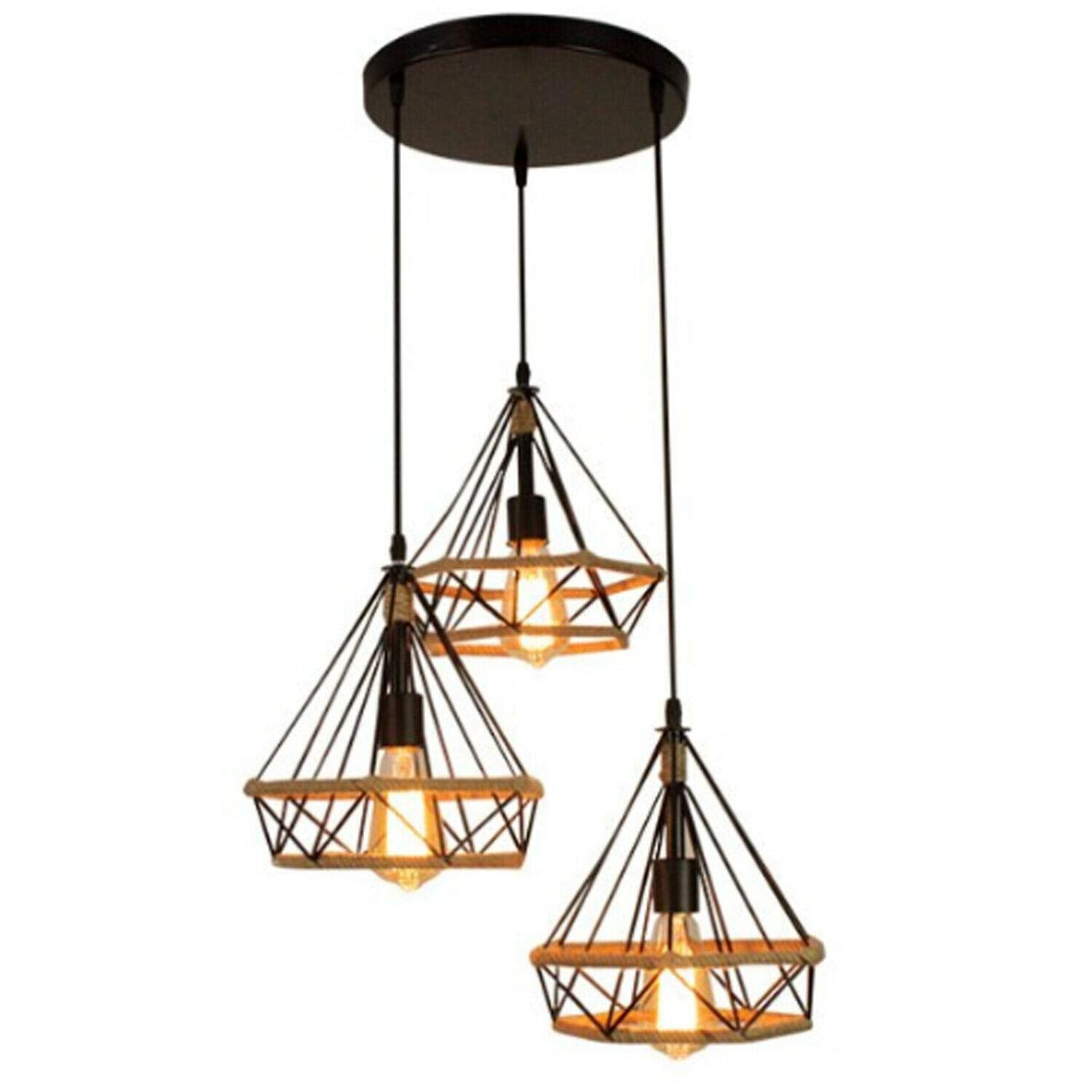 Vintage Industrial Black Metal Hemp Rope 3-Head Pendant Light Fixture