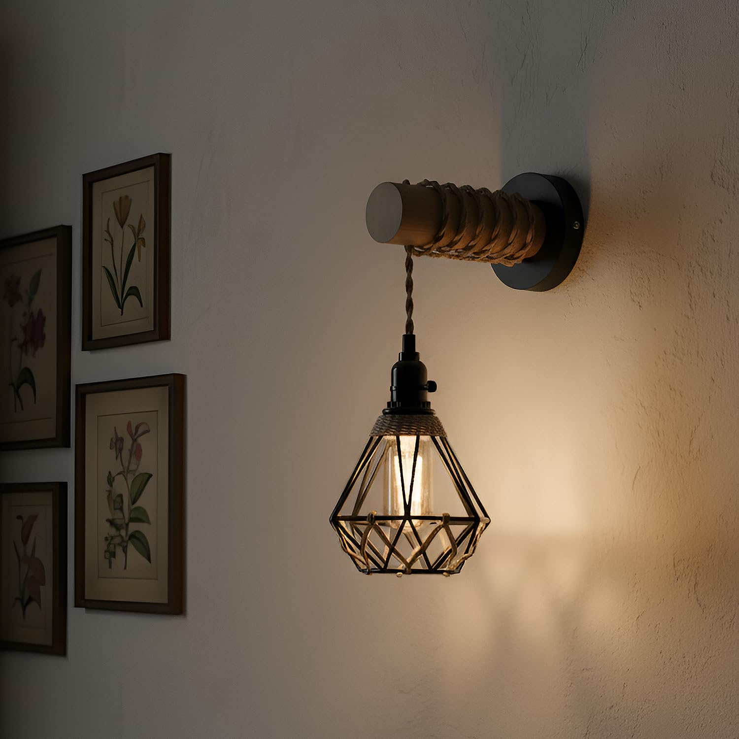 Farmhouse Rustic Industrial Wall Sconce Light Fixture with Metal Cage & Wood