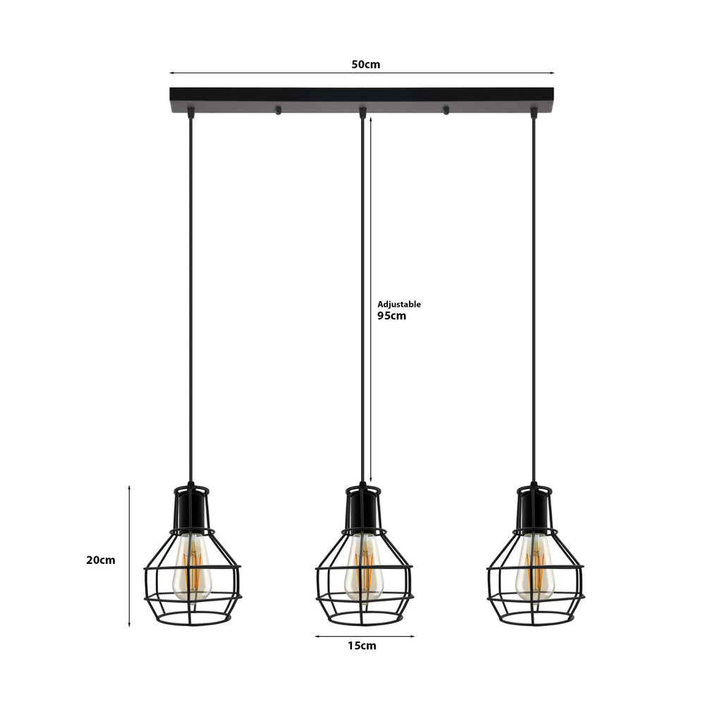 Industrial Metal 3-Head Pendant Light, Adjustable Vintage Ceiling Fixture Lamp