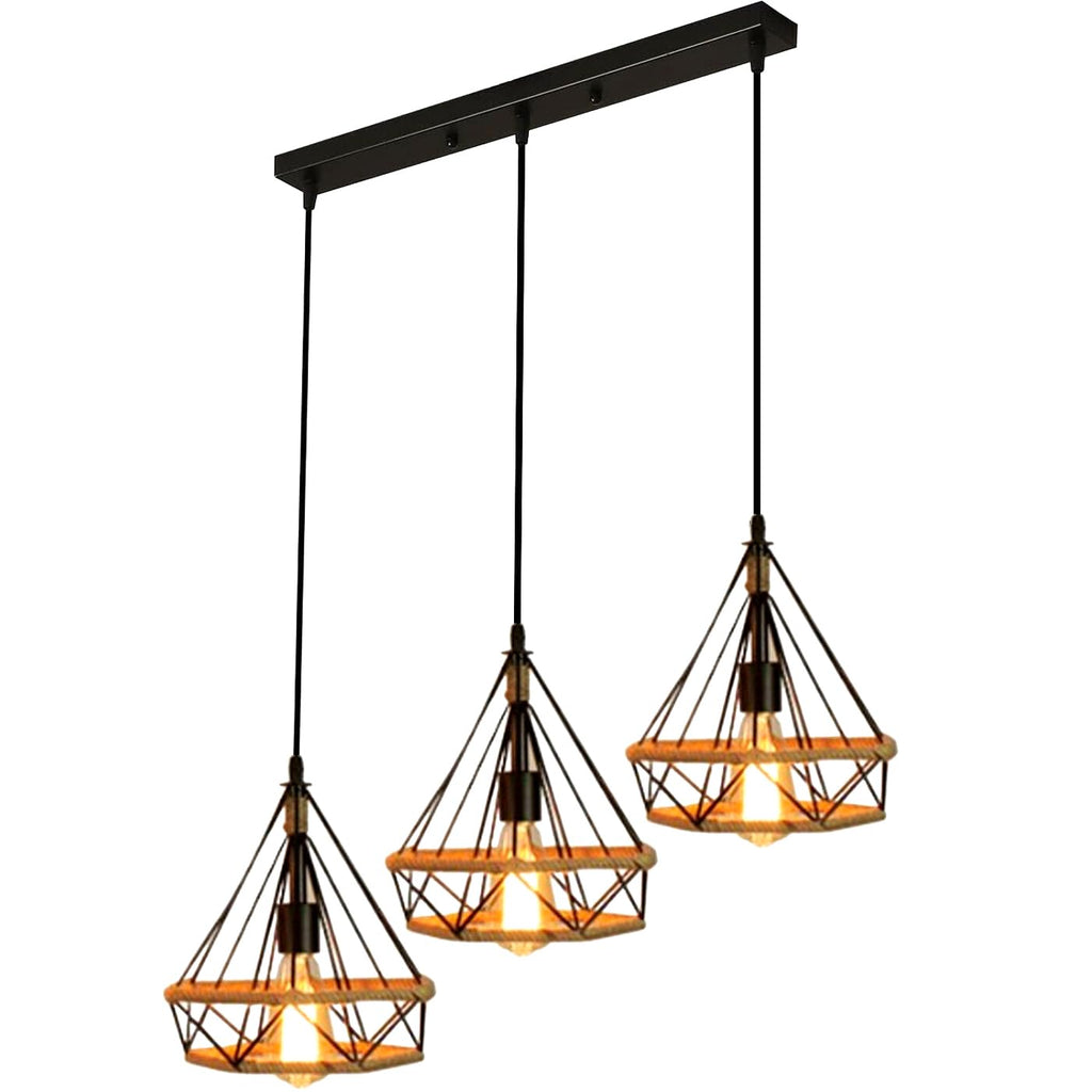 Vintage Industrial Black Metal Hemp Rope 3-Head Pendant Light Fixture