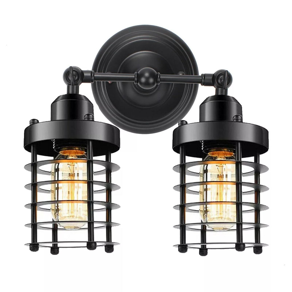 Vintage Industrial Double Wall Sconce Black Metal Cage Light Fixture E27