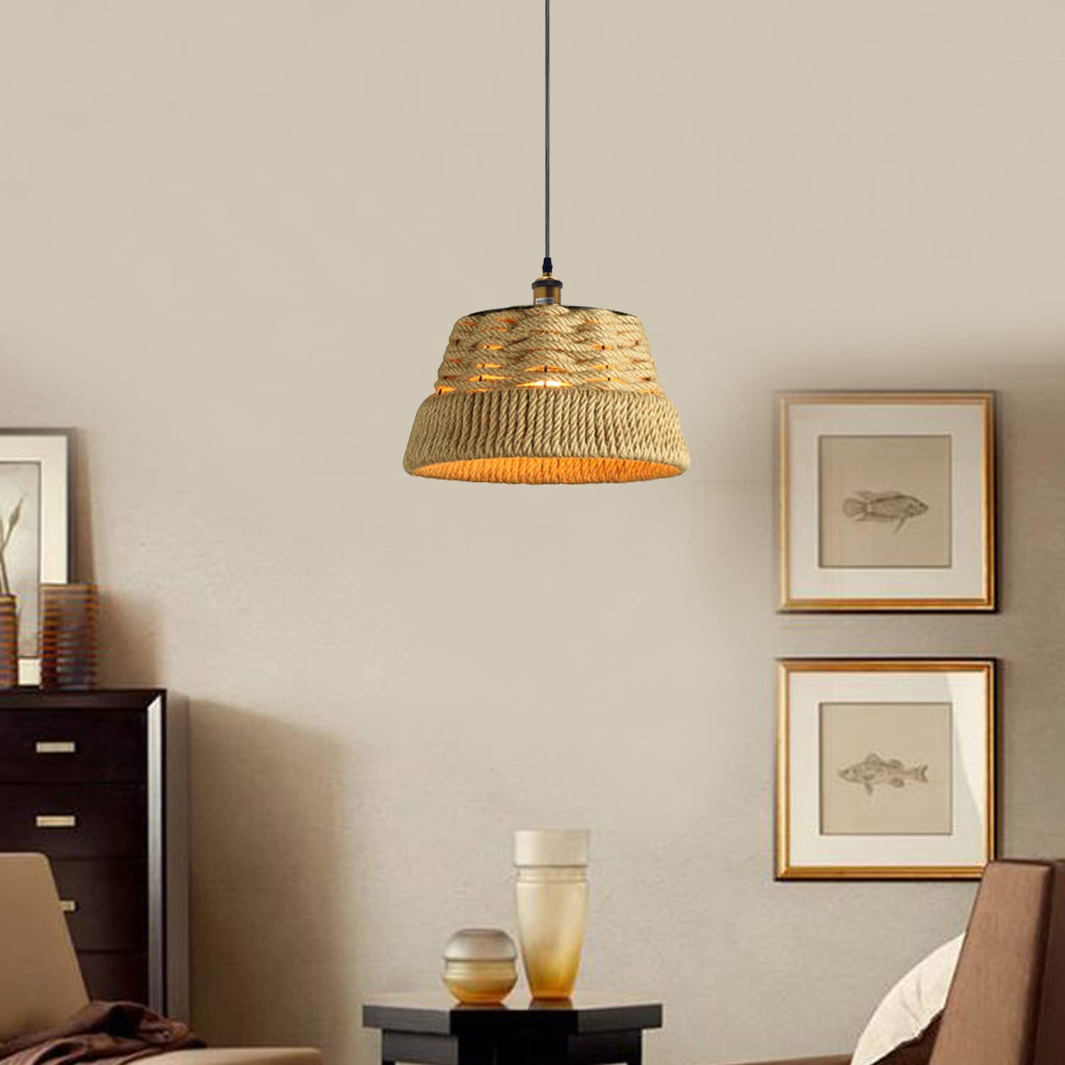 Hand-Woven Bamboo Rattan Plug-in Pendant Light with Adjustable Dimmer