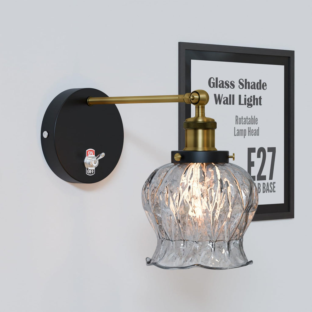 Vintage Industrial Brass Glass Wall Sconce with Adjustable Arm and E27 Switch