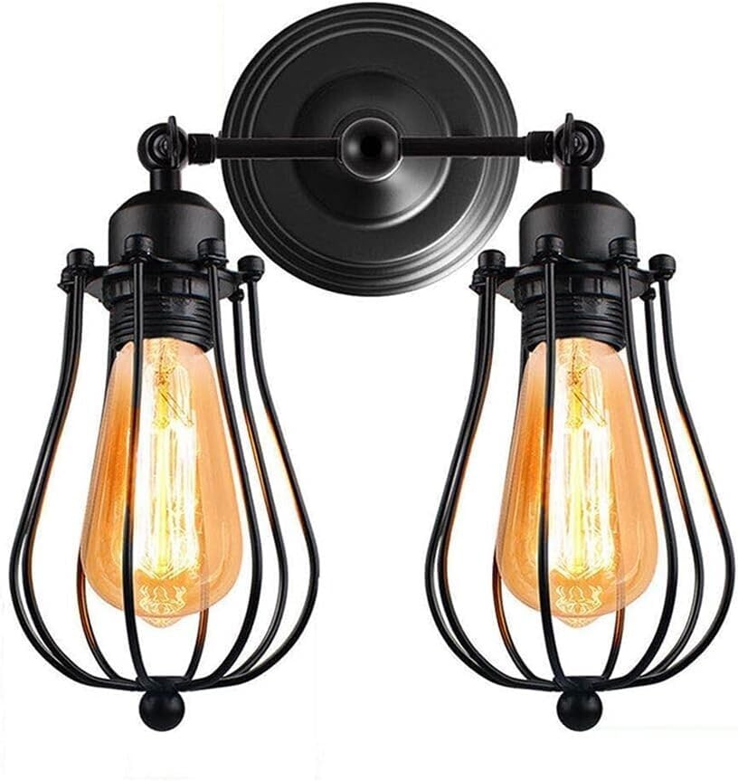 Vintage Industrial Double Wall Sconce Black Metal Cage Light Fixture E27