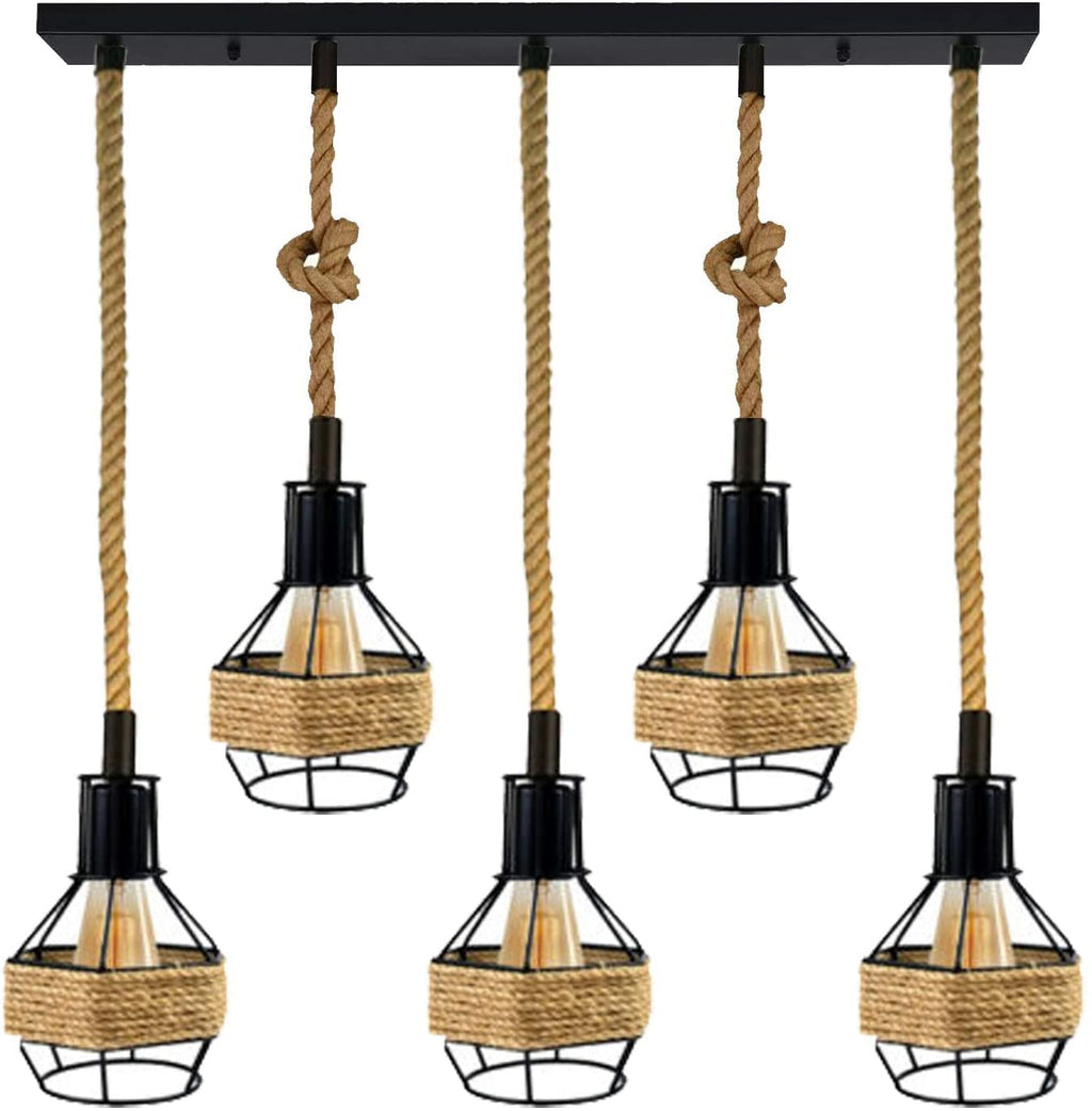 Retro Industrial Metal Hemp Rope Ceiling Pendant Light Fixture for Kitchen Dining