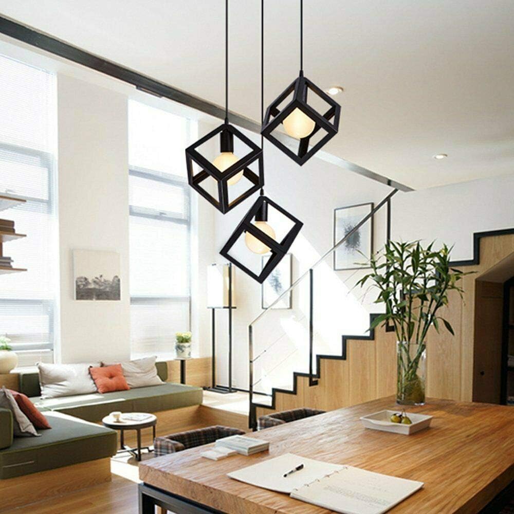 Industrial Black 3-Head Square Cage Bar Hanging Pendant Light Fixture E27
