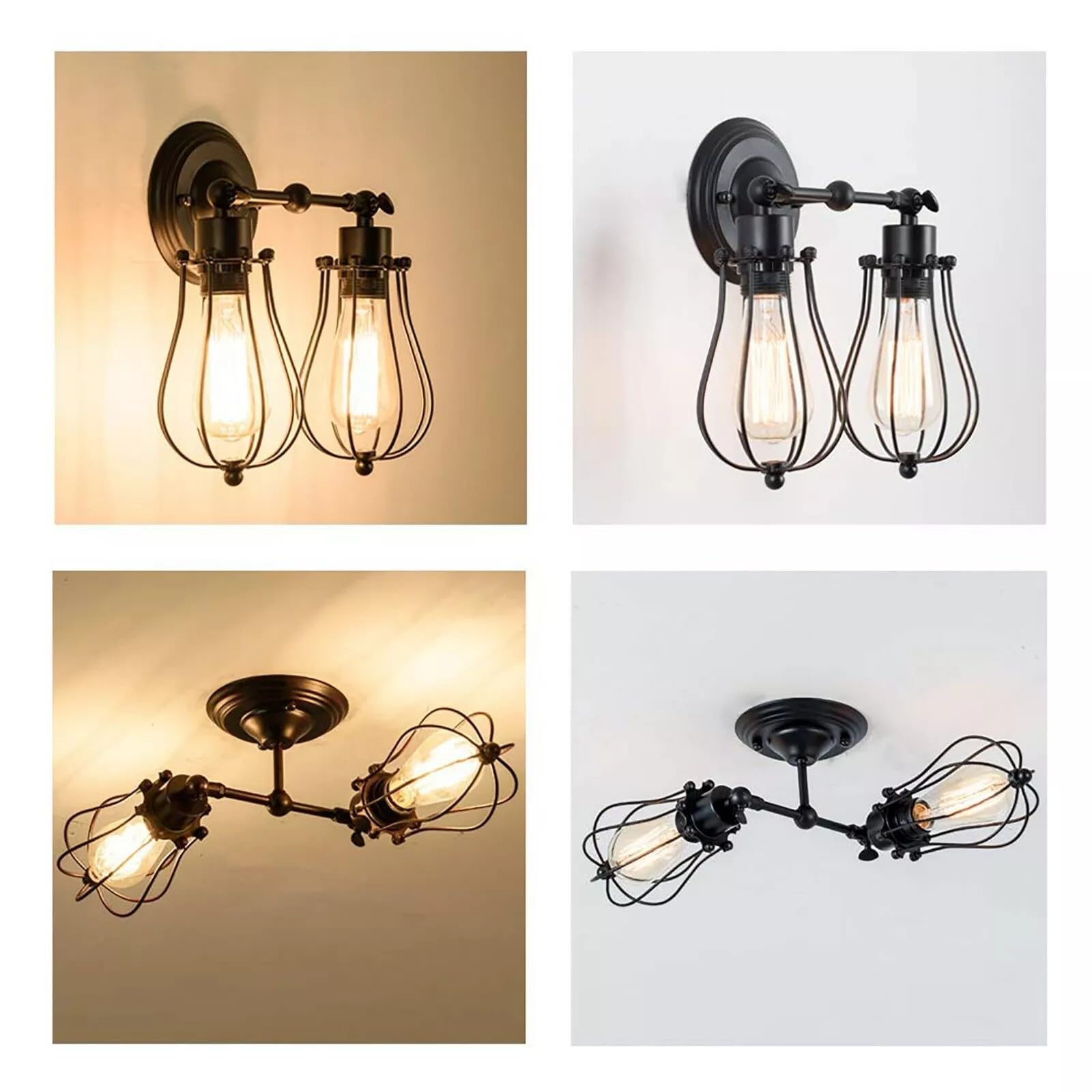 Vintage Industrial Double Wall Sconce Black Metal Cage Light Fixture E27