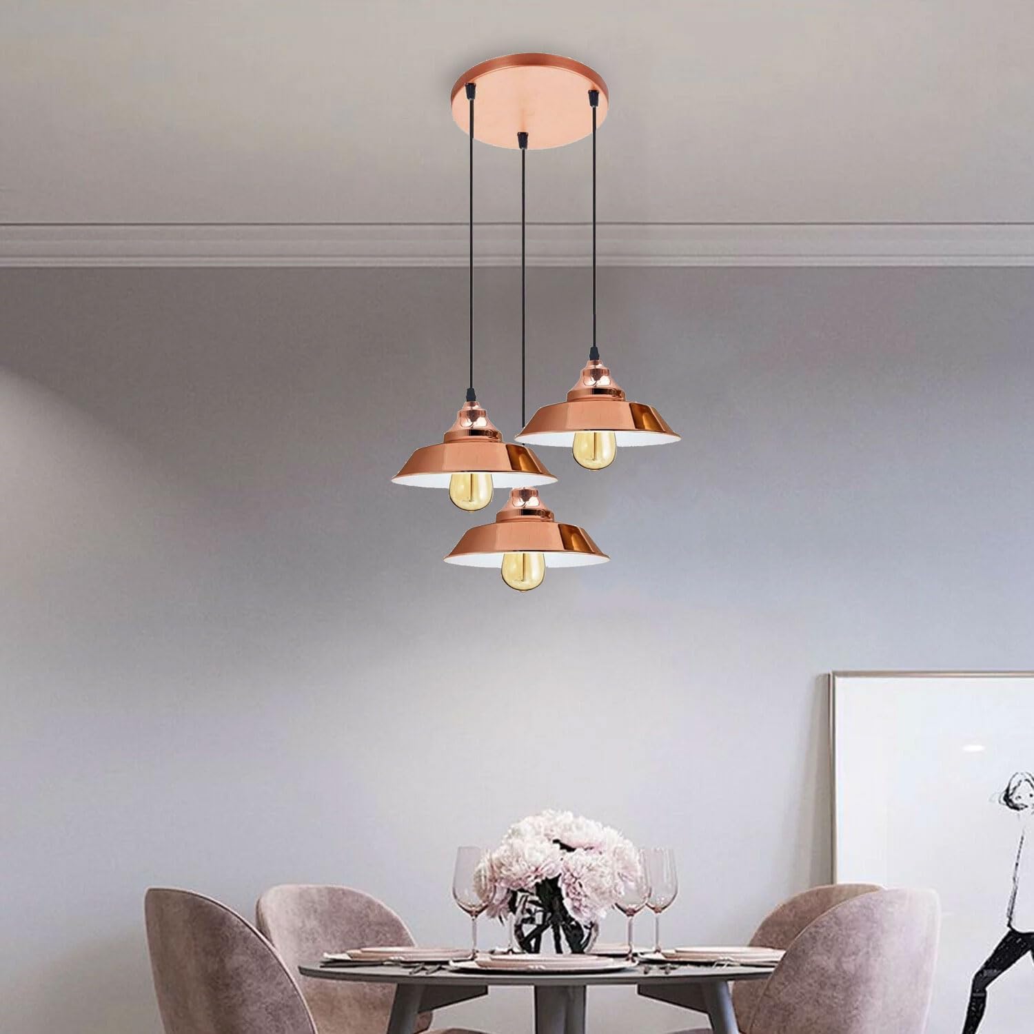 Vintage Industrial Rose Gold 3-Head Metal Ceiling Pendant Light Fixture