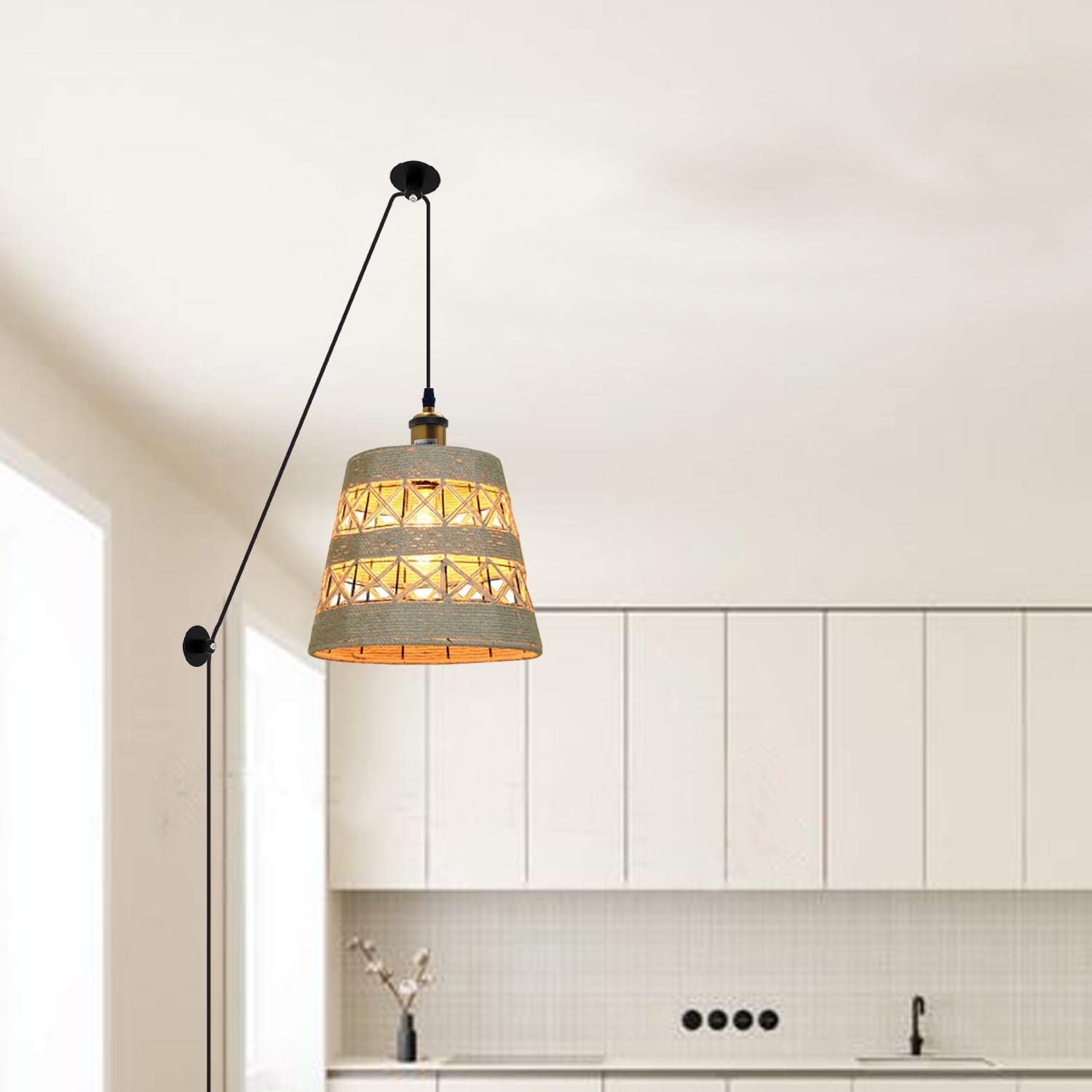 Hand-Woven Natural Bamboo Hemp Ceiling Pendant Light for Rustic Homes
