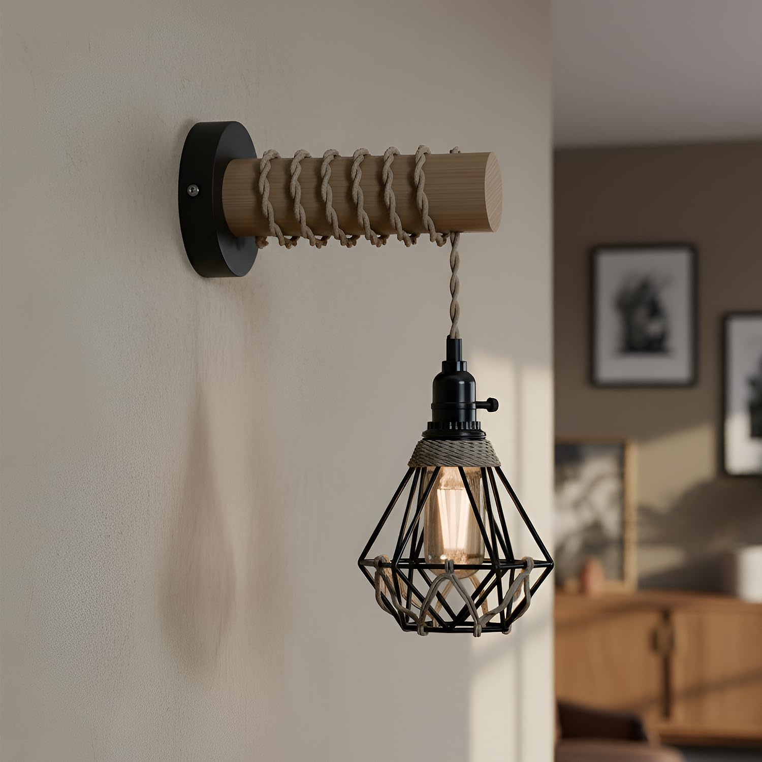 Farmhouse Rustic Industrial Wall Sconce Light Fixture with Metal Cage & Wood