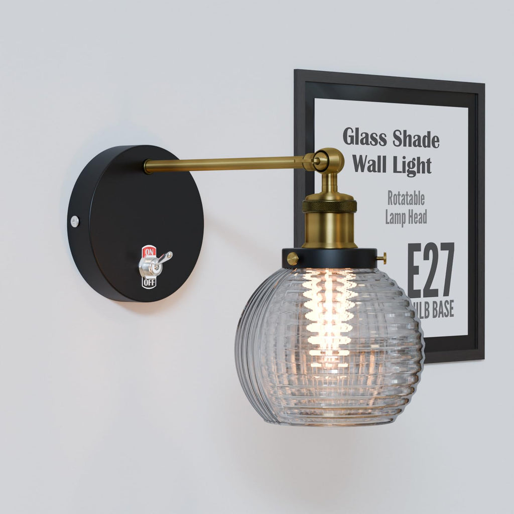 Vintage Industrial Brass Glass Wall Sconce with Adjustable Arm and E27 Switch