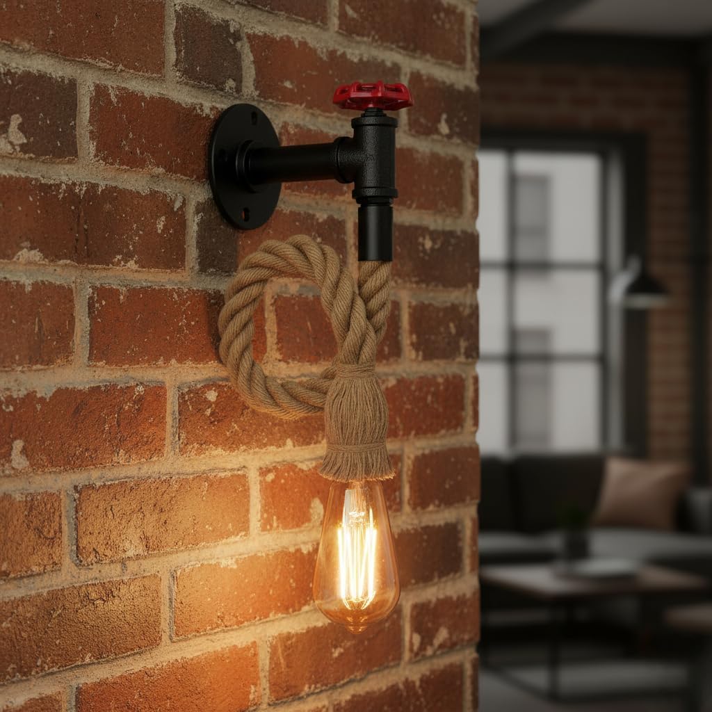 Industrial Rustic Water Pipe Hemp Rope Wall Sconce Light Fixture