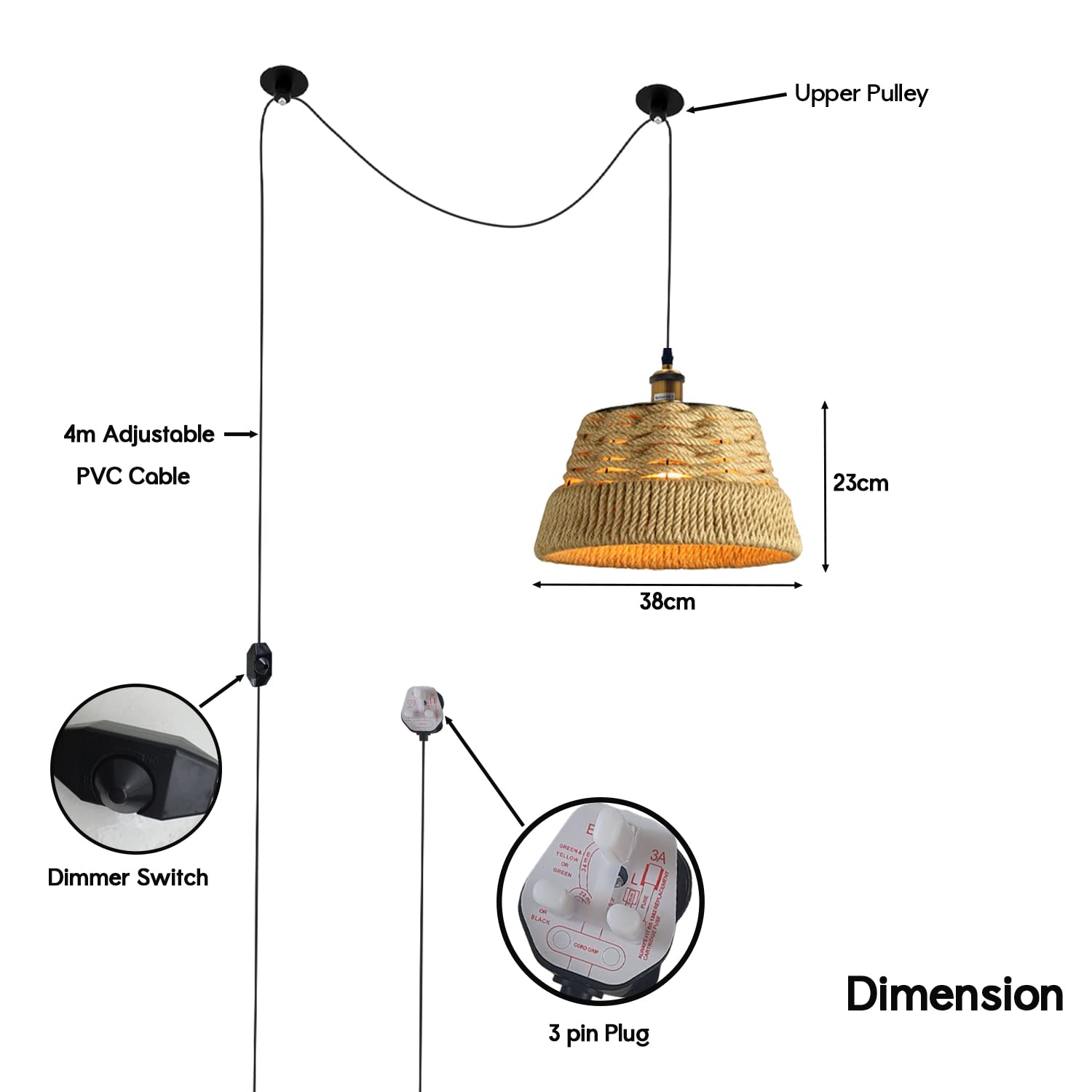 Hand-Woven Bamboo Rattan Plug-in Pendant Light with Adjustable Dimmer