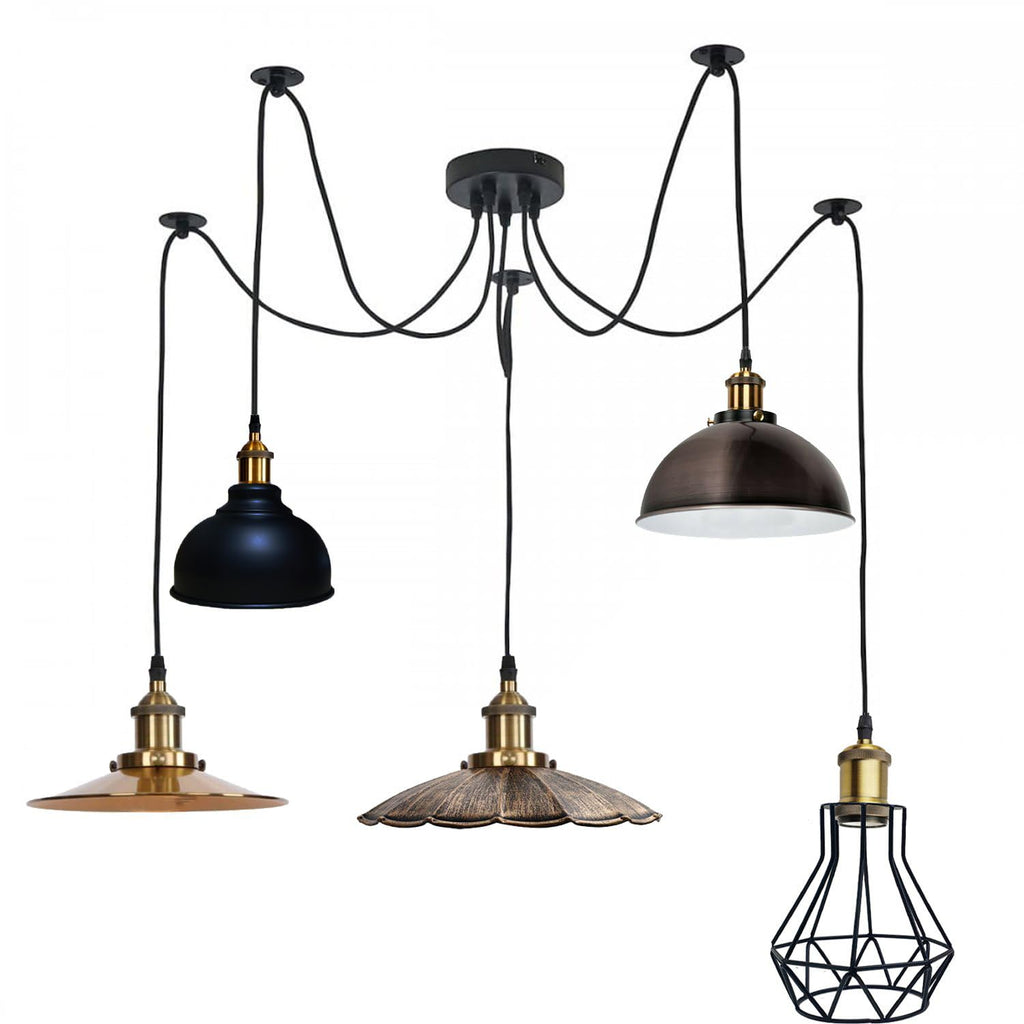 Playful Vintage Industrial 5-Light Spider Pendant with Unique Shades