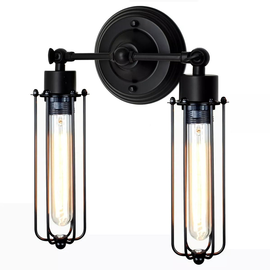 Vintage Industrial Double Wall Sconce Black Metal Cage Light Fixture E27