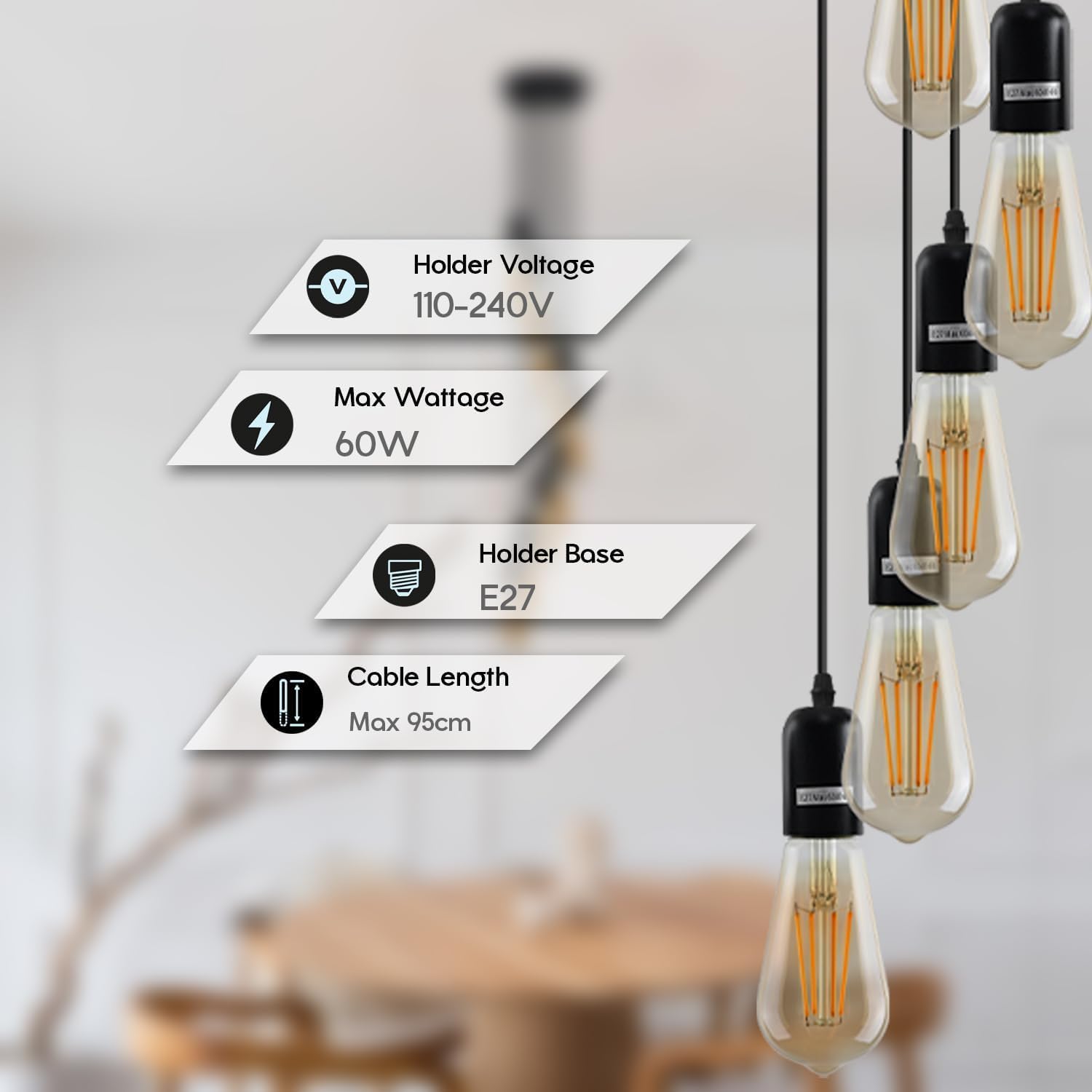 Adjustable E27 Metal Pendant Bulb Holder, Vintage Style for Home Lighting