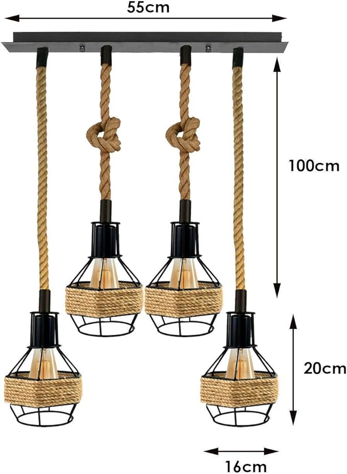 Vintage Industrial Hemp Rope Pendant Light Fixture with Metal Cage Shade