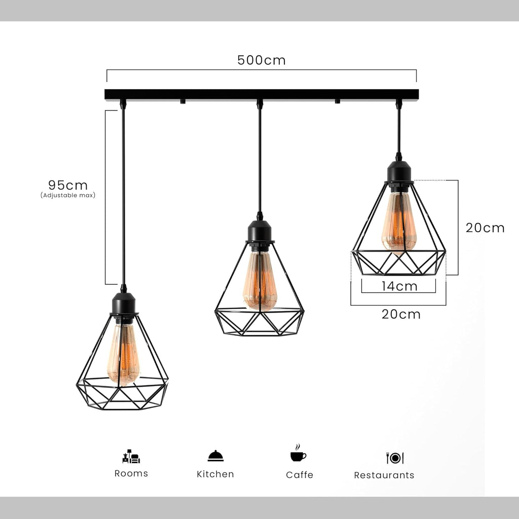 Industrial Black 3-Light Diamond Wire Cage Pendant Ceiling Fixture