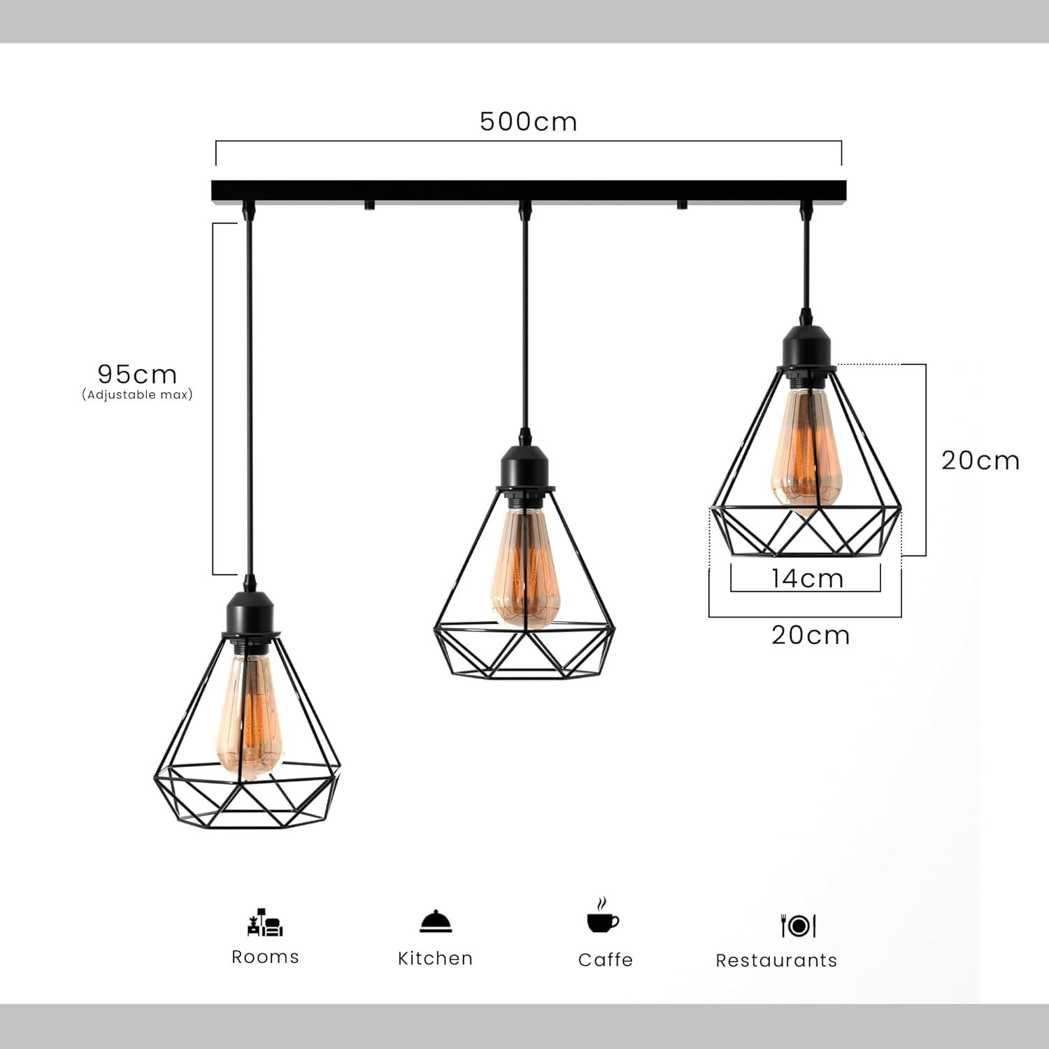 Industrial Black 3-Light Diamond Wire Cage Pendant Ceiling Fixture