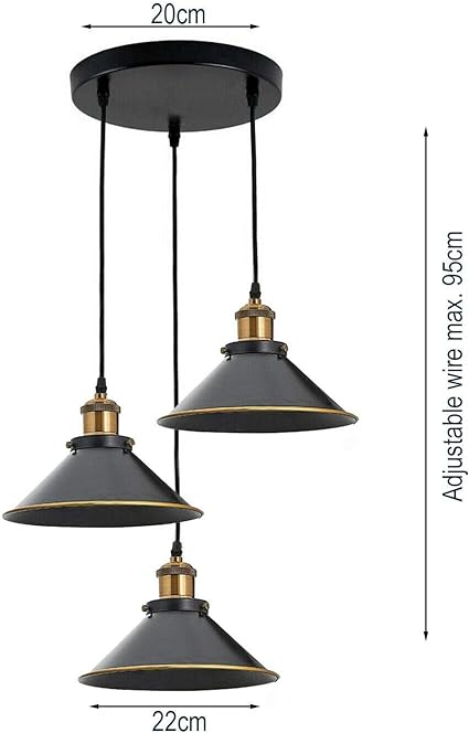 Vintage Industrial Three Head Pendant Light Fixture, Flat Cone Shade, Adjustable