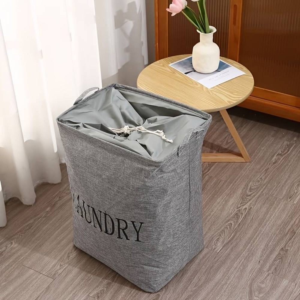 Freestanding Foldable Cotton Linen Laundry Hamper Bag with Drawstring Handles