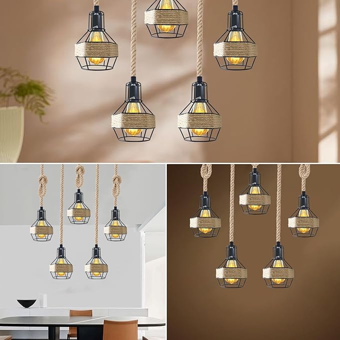 Vintage Industrial Hemp Rope Pendant Light Fixture with Metal Cage Shade