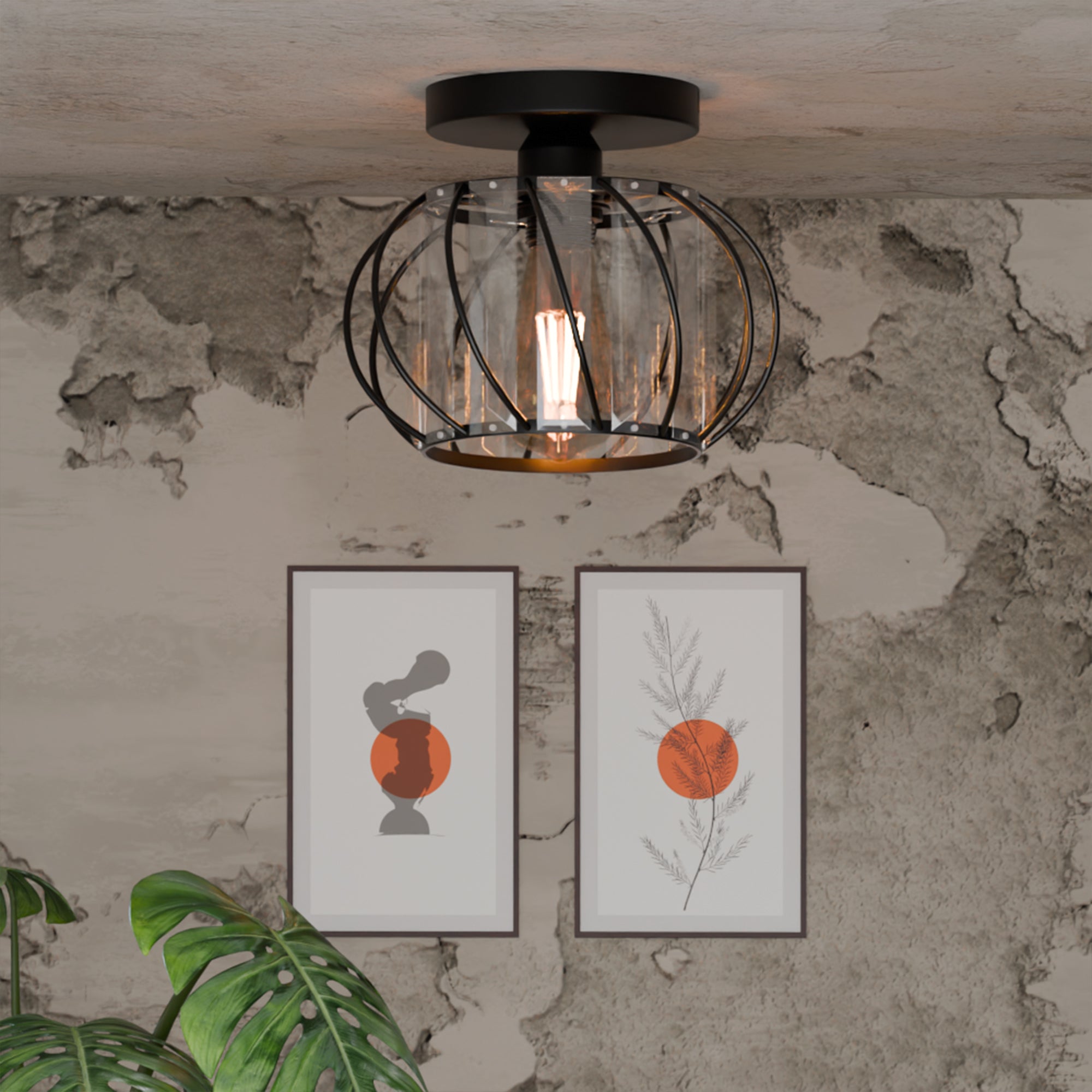 Modern Industrial Metal and Glass Crystal Flush Mount Ceiling Light Fixture
