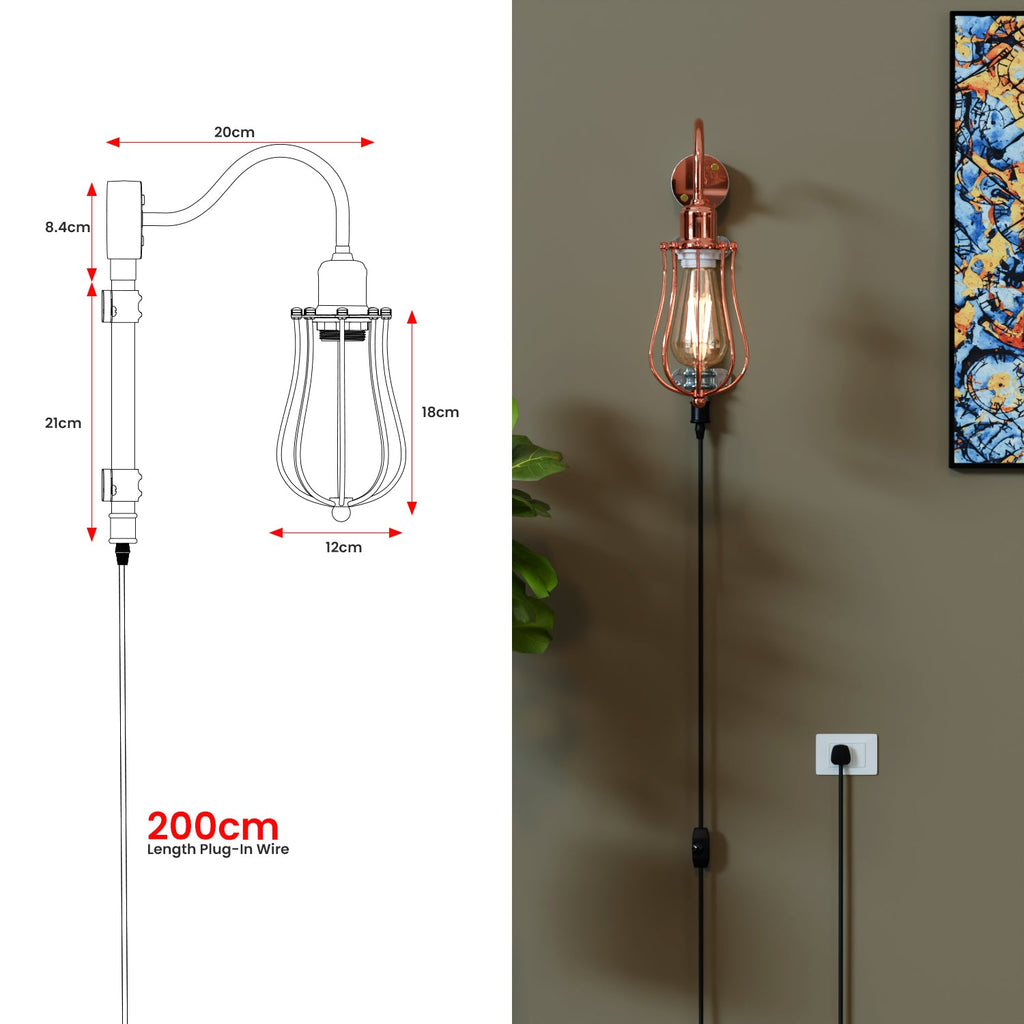 Industrial Retro Metal Cage Plug-in Wall Light Kit, Galvanized Iron E27 Fixture