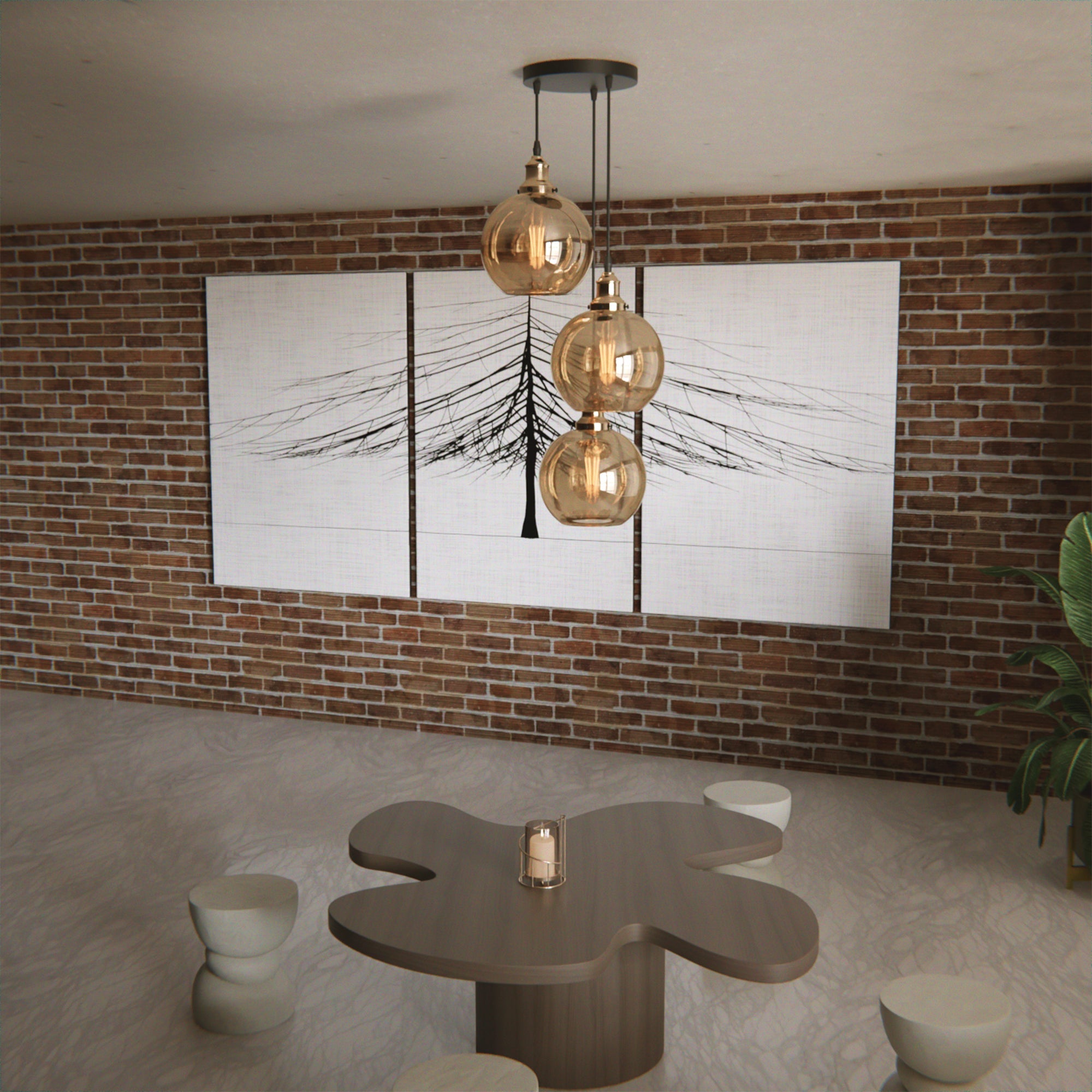 Industrial Style 3-Head Amber Glass Pendant Ceiling Light Fixture~6162