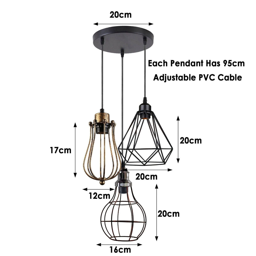 Modern Industrial Cage 3-Light Pendant Lamp for Kitchen Island Dining Room
