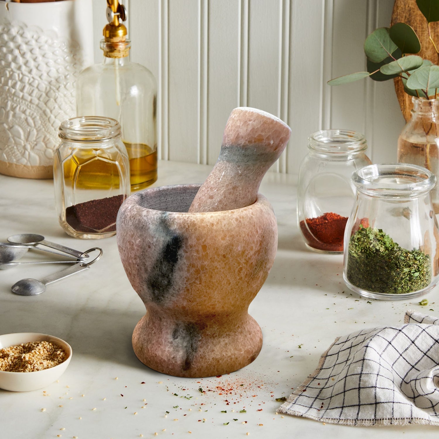 Premium Polished Marble Pestle and Mortar Set, Herb Crusher, Spice Grinder, Guacamole Bowl