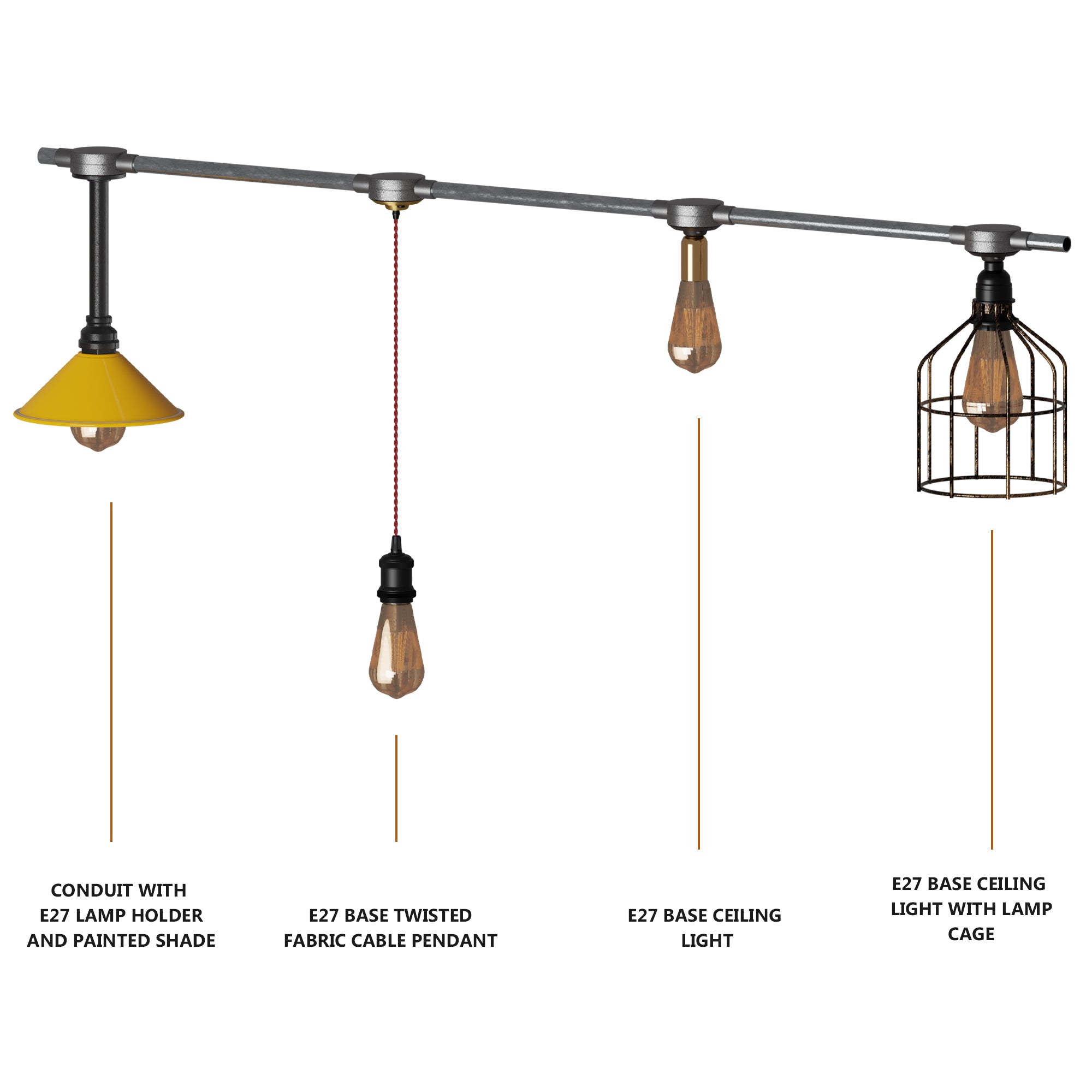 Industrial Black Metal E27 Semi-Flush Pipe Ceiling Light Fixture Vintage Style